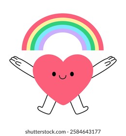 Hand drawn cartoon happy heart character with rainbow. Simple flat doodle style mascot positive and joy mood. Symbol diversity, hope, beauty, magic themes. Isolated vector illustration