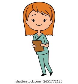 Mão desenhada desenho animado vermelho feliz médico feminino em uniforme com prancheta isolado no fundo branco. Saúde e medicina. Ilustração vetorial.
