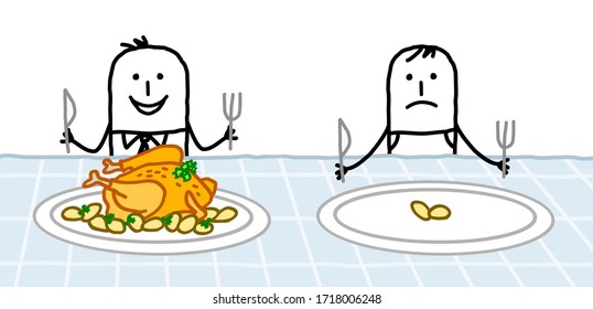 Hand Drawn Cartoon Healthy Man With A Big Chicken In His Plate Next To A Poor One With Only Two Potatoes