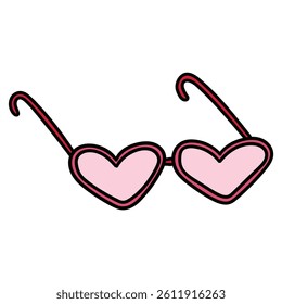 Hand drawn cartoon heart shaped pink sunglasses isolated on white background. Vector illustration.