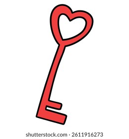 Hand drawn cartoon heart shaped red key isolated on white background. Vector illustration.