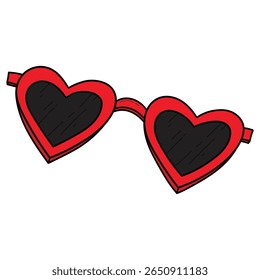 Hand drawn cartoon heart shaped red sunglasses isolated on white background. Vector illustration.