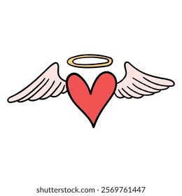 Hand drawn cartoon heart with wings and halo isolated on white background. Vector illustration.