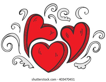 Hand drawn cartoon hearts. Vector sketch illustration for valentine's day, wedding. Retro style, romantic background.