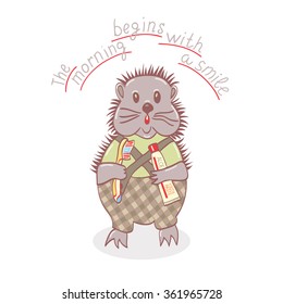 Hand drawn cartoon hedgehog with toothpaste and  brush.Healthy lifestyle animal
