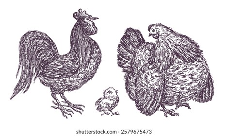 Hand drawn cartoon hen, chick, rooster, vector illustration isolated on white 