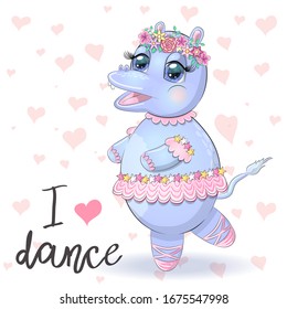 hand drawn cartoon hippo with bright expressive eyes dancing ballet in a tutu. dancing animals.Children's illustration