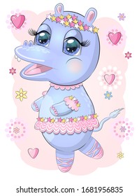 hand drawn cartoon hippo with bright expressive eyes dancing ballet in a tutu. dancing animals.Children's illustration