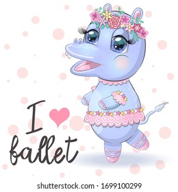 hand drawn cartoon hippo with bright expressive eyes dancing ballet in a tutu. dancing animals.Children's illustration