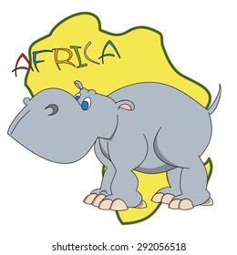 Hand drawn cartoon hippopotamus with African continent silhouette as a background and "Africa" lettering.