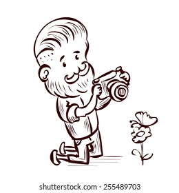 Hand drawn cartoon hipster shoots flower