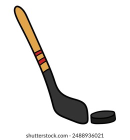 Hand drawn cartoon hockey stick and puck isolated on white background. Vector illustration.