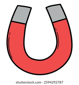 Hand drawn cartoon horseshoe red magnet isolated on white background. Vector illustration.