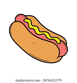 Hand drawn cartoon hot dog isolated on white background. Fast food, junk food. Vector illustration.