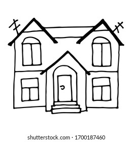 Hand drawn cartoon house. Children's illustration with stylized building. Vintage black and white outline vector illustration