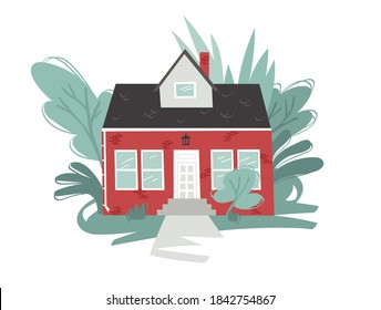Hand Drawn Cartoon House in Garden Background. Flat style illustration Cozy Home. Little Vector Cottage Drawing. Creative Digital  Art Work