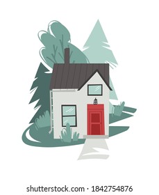 Hand Drawn Cartoon House in Garden Background. Flat style illustration Cozy Home. Little Vector Cottage Drawing. Creative Digital  Art Work