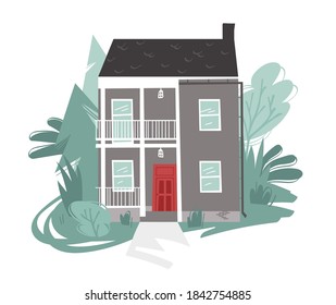 Hand Drawn Cartoon House in Garden Background. Flat style illustration Cozy Home. Little Vector Cottage Drawing. Creative Digital  Art Work