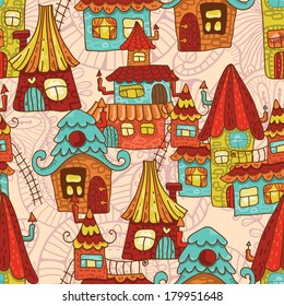 Hand drawn cartoon houses seamless pattern.  All objects are conveniently grouped on different layers and are easily editable