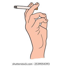 Hand drawn cartoon a human hand with a cigarette isolated on white background. Vector illustration.