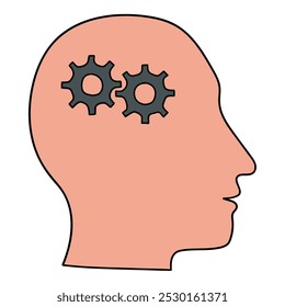 Hand drawn cartoon human head with gears isolated on white background. Vector illustration.