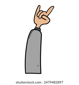 Hand drawn cartoon human hand showing rock or horns gesture isolated on white background. Heavy metal concept. Vector illustration.