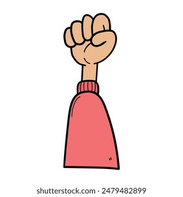 Dibujado a mano de la mano humana de dibujos animados que muestra un puño cerrado aislado en un fondo blanco. Protesta, concepto de libertad. Ilustración vectorial.