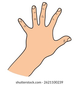 Hand drawn cartoon human hand showing five fingers isolated on white background. Vector illustration.