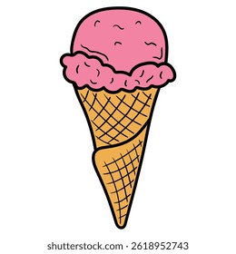 Hand drawn cartoon ice cream in waffle cone isolated on white background. Vector illustration.