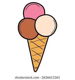 Hand drawn cartoon ice cream in waffle cone isolated on white background. Vector illustration.