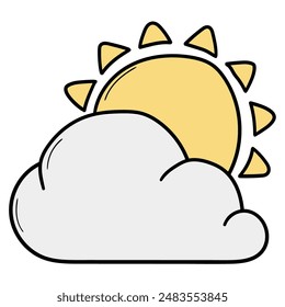 Hand drawn cartoon icon of cloud and sun isolated on white background. Vector illustration.