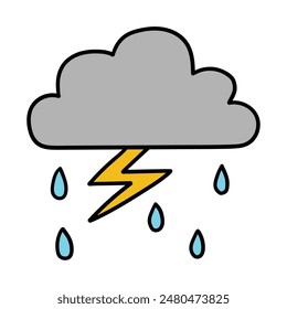 Hand drawn cartoon icon thunderstorm isolated on white background. Vector illustration.