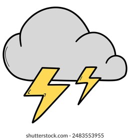 Hand drawn cartoon icon thunderstorm isolated on white background. Vector illustration.