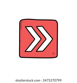 Hand drawn cartoon icon two white arrows in a red square isolated on a white background. Vector illustration.