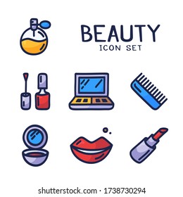 Hand drawn cartoon icons set of cosmetics, beauty, spa and symbols collection made in doodle vector style. Perfect design element for the cosmetics shop, a hairdressing salon, cosmetology center