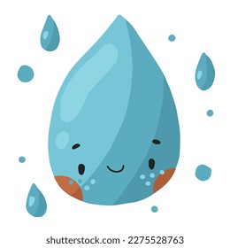 Hand drawn cartoon illustration of a blue water drop with the eyes save water