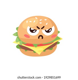 Hand Drawn Cartoon Illustration Burger Emoji. Fast Food Vector Drawing Humburger Emoticon. Tasty Image Meal. Flat Style Collection American Cuisine