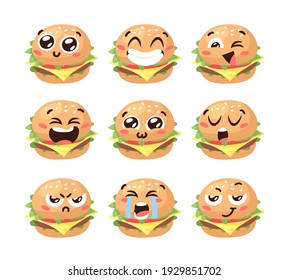 Hand Drawn Cartoon Illustration Burger Emoji. Fast Food Vector Drawing Humburger Emoticon. Tasty Image Meal. Flat Style Collection American Cuisine