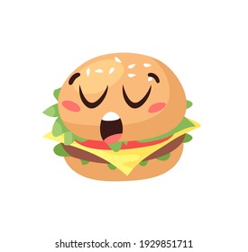 Hand Drawn Cartoon Illustration Burger Emoji. Fast Food Vector Drawing Humburger Emoticon. Tasty Image Meal. Flat Style Collection American Cuisine