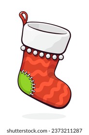 Hand Drawn Cartoon Illustration of Christmas red sock for gifts. Tradition New Year accessory for gifts. Vector clip art with outline isolated on white background