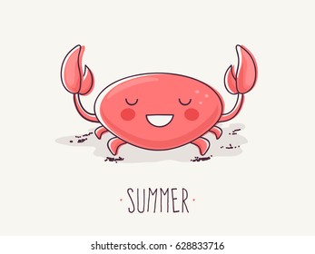 Hand Drawn Cartoon Illustration of Cute Smiling Crab with Summer Text.