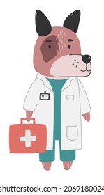 Hand drawn cartoon illustration of dog in a doctor's suit with medicine chest. Cute childish character. Flat vector print. Health care concept