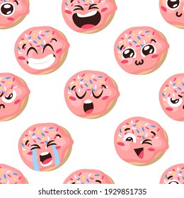 Hand Drawn Cartoon Illustration Donut Emoji. Fast Food Vector Drawing Sweet Emoticon. Tasty Image Meal. Flat Style Collection American Cuisine Seamless Pattern