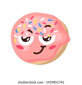 Hand Drawn Cartoon Illustration Donut Emoji. Fast Food Vector Drawing Sweet Emoticon. Tasty Image Meal. Flat Style Collection American Cuisine