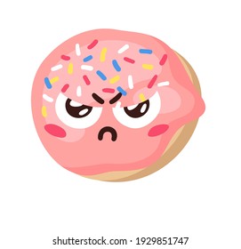Hand Drawn Cartoon Illustration Donut Emoji. Fast Food Vector Drawing Sweet Emoticon. Tasty Image Meal. Flat Style Collection American Cuisine