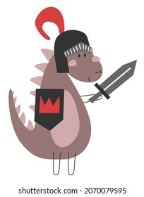 Hand drawn cartoon illustration of dragon or dinosaur in knight costume with 
shield and sword. Cute childish fairy tale character. Flat vector print. Isolated on white background