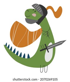 Hand drawn cartoon illustration of dragon or dinosaur in knight costume with helmet, cloak and sword. Cute childish fairy tale character. Flat vector print. Isolated on white background