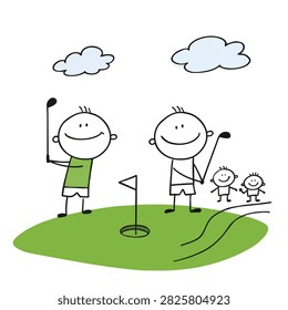 A hand drawn cartoon illustration featuring a father and mother playing golf with their two small children on a sunny day