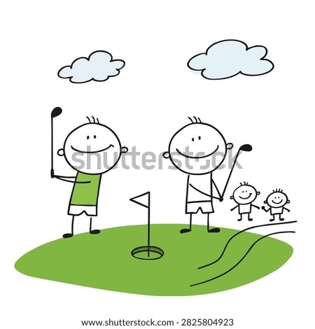 A hand drawn cartoon illustration featuring a father and mother playing golf with their two small children on a sunny day