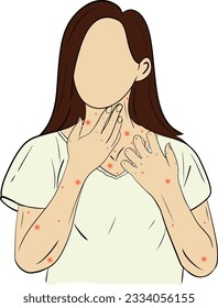 hand drawn cartoon illustration of a female with allergies red rash itching